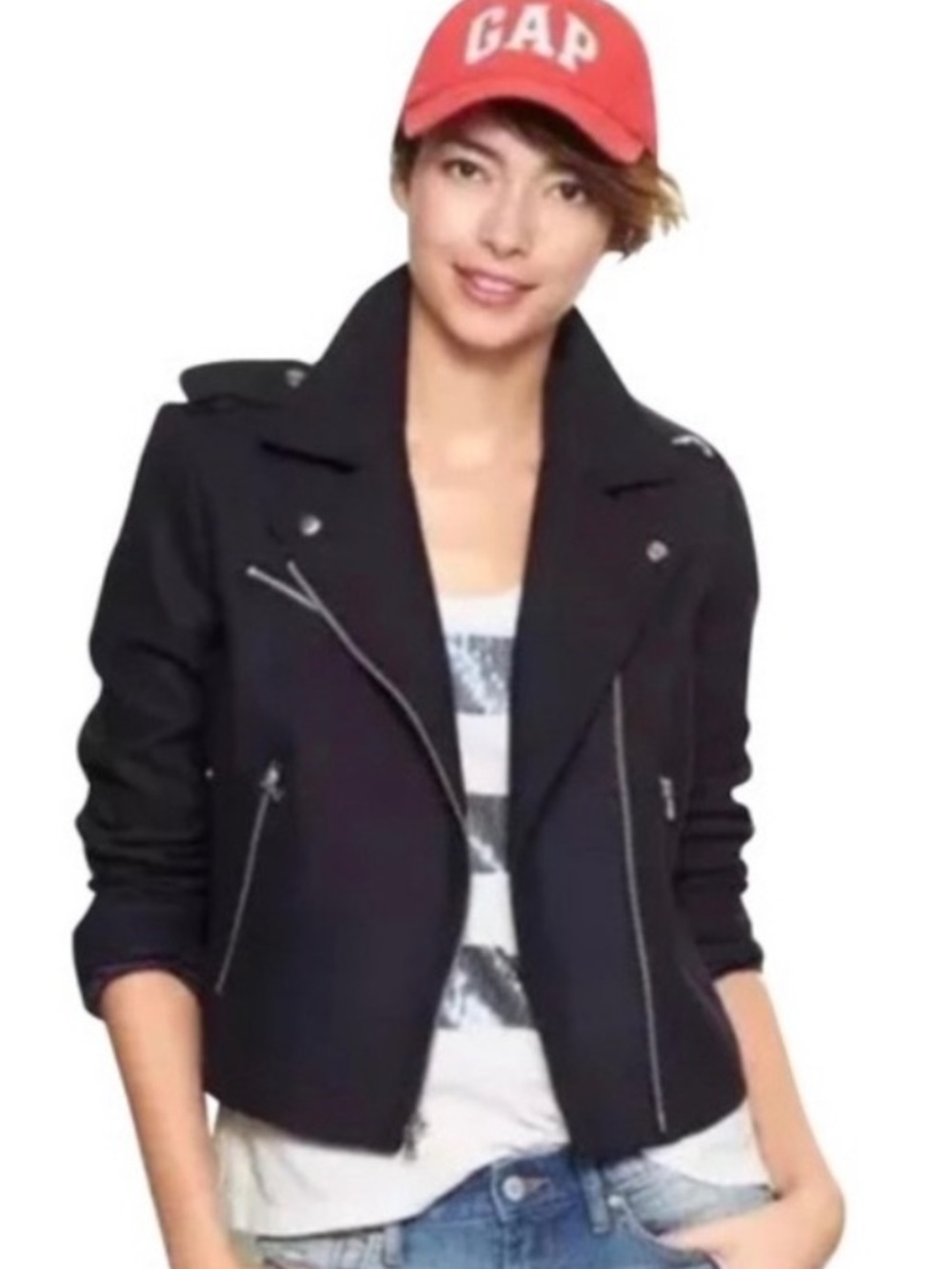 Gap Women's Moto Jacket Size XS Navy Blue Zip Front Cropped Wool Blend 752736-00